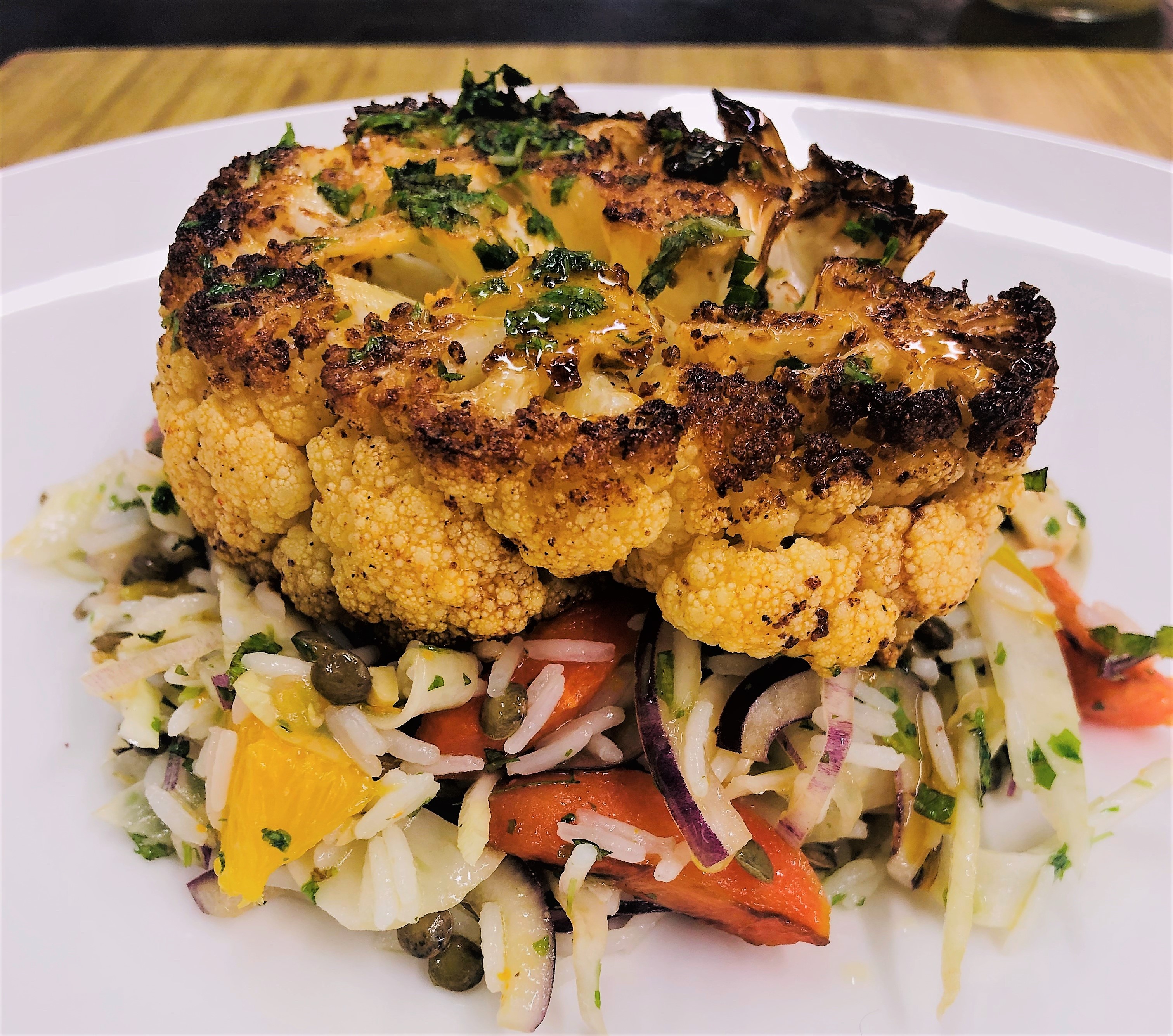 Chipotle spiced cauliflower steaks with wild rice and fennel salad (VG)